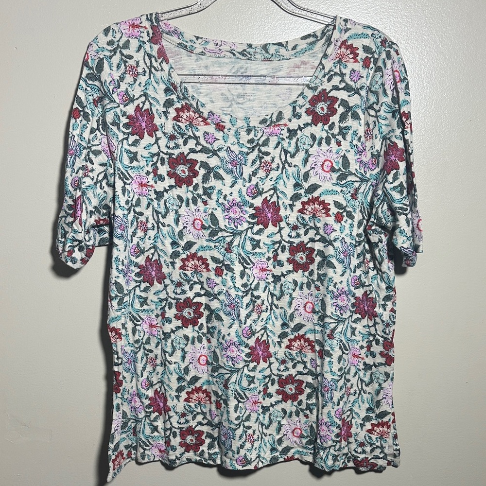 J Jill Large Petite‎ Floral Pima Cotton Elbow Scoop Neck Top